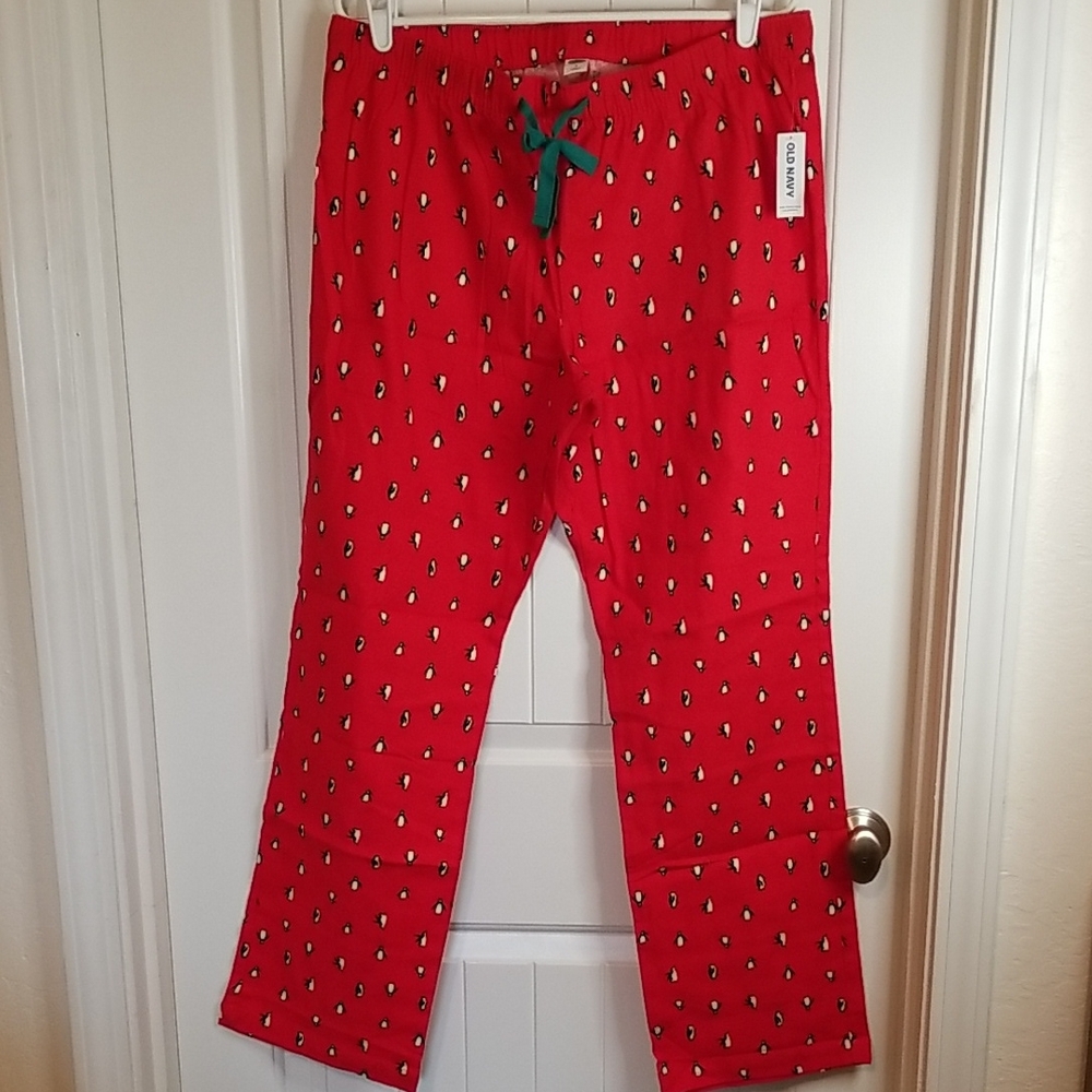 Old Navy Red 100% Cotton Flannel Pajama Pants with Penguin Print Size Large NWT